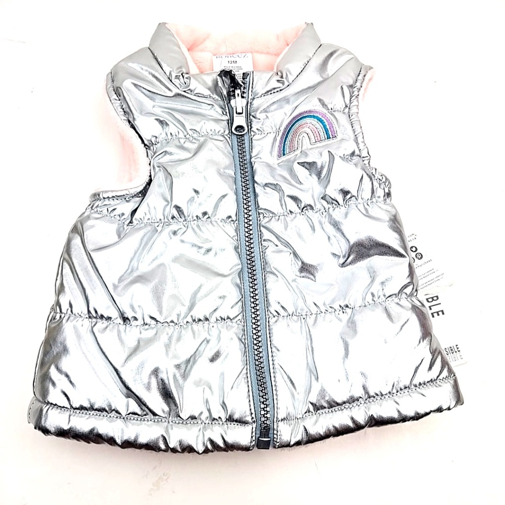 Robeez Baby Vest Jacket Size 12m Girls Silver Zipper Rainbow Reversible